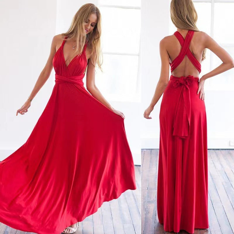 V-neck Long Dress Women Cross Strap Beauty Back Design Party Dresses