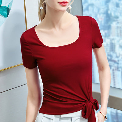 Solid Color T-shirt T-shirt Elastic Fashion Retro Square Neck Blouse Women