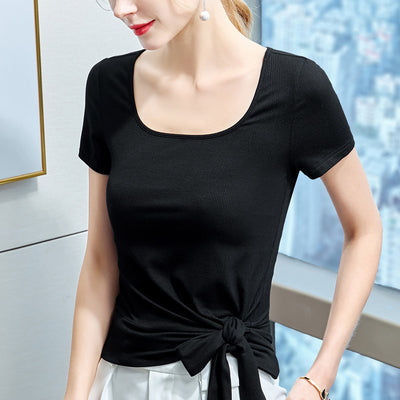 Solid Color T-shirt T-shirt Elastic Fashion Retro Square Neck Blouse Women