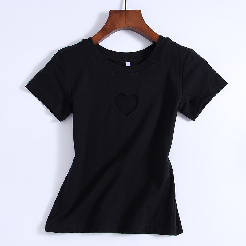 Round neck heart-shaped hollow T-shirt for women