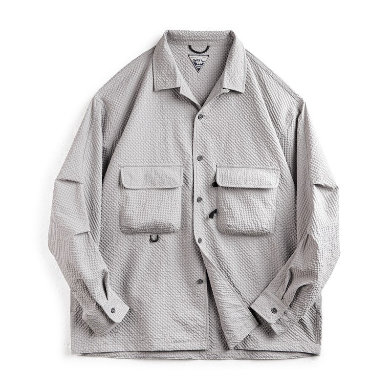 Workwear Outdoor Cuban Collar Seersucker Long Sleeve Shirt