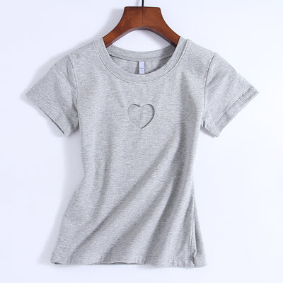 Round neck heart-shaped hollow T-shirt for women