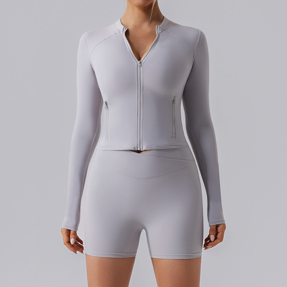 High Elastic Gym Sports Top Women Long Sleeve Slim-fit Zipper Cardigan Skinny