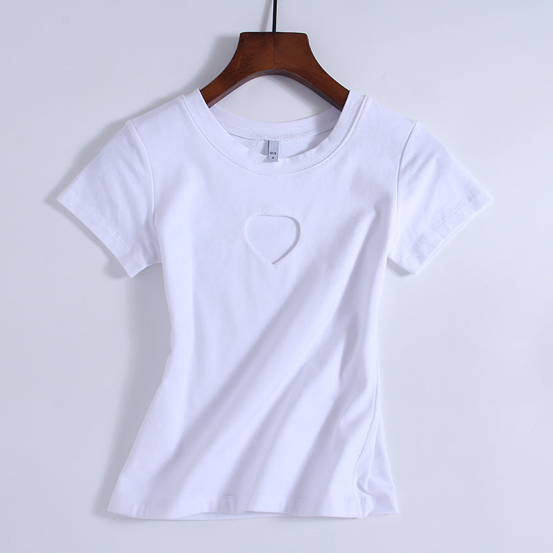 Round neck heart-shaped hollow T-shirt for women