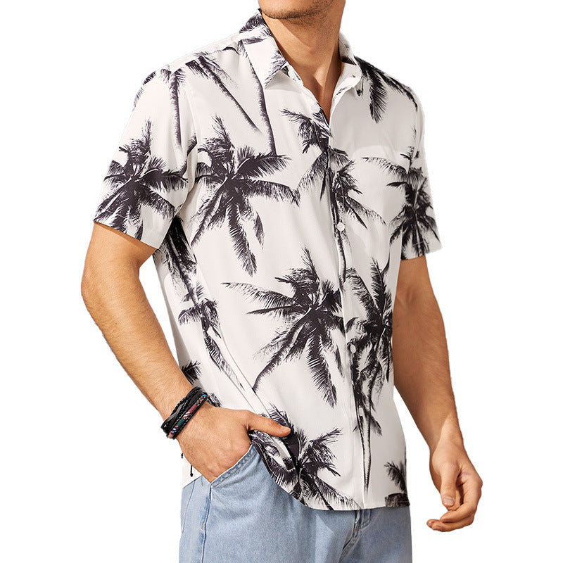 Mens Beach Print Casual White Short Sleeves