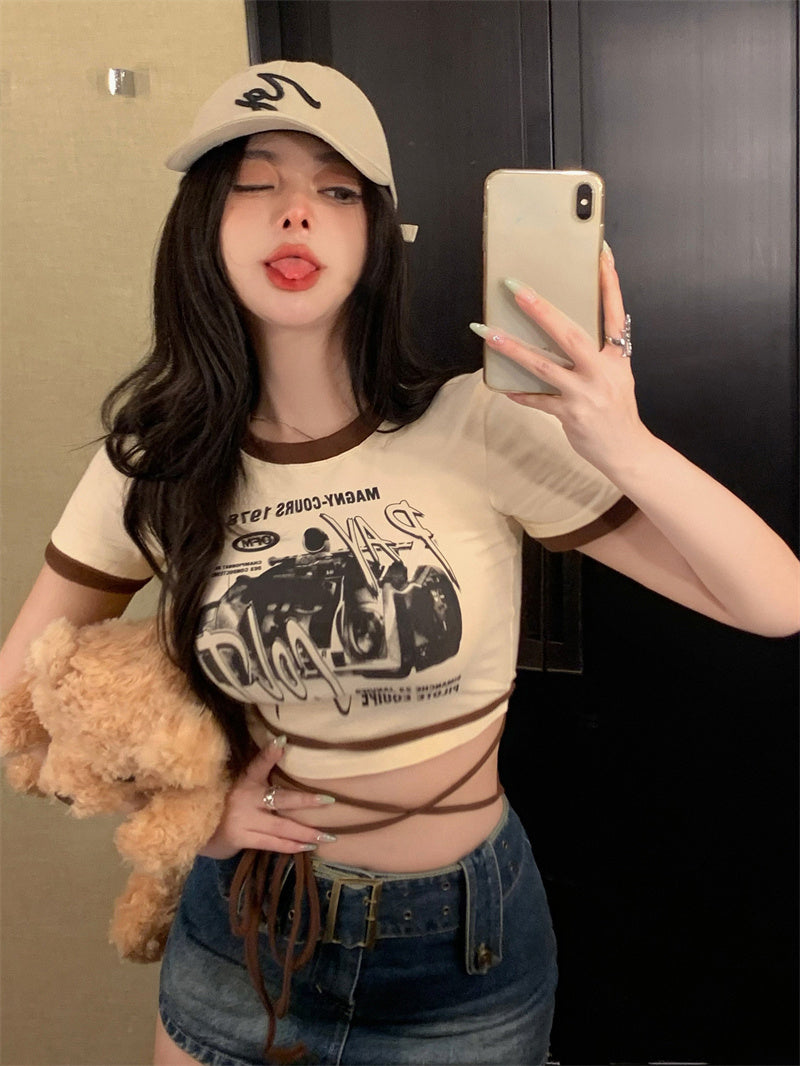 Retro Strappy Short Sleeve T Shirt Women Summer