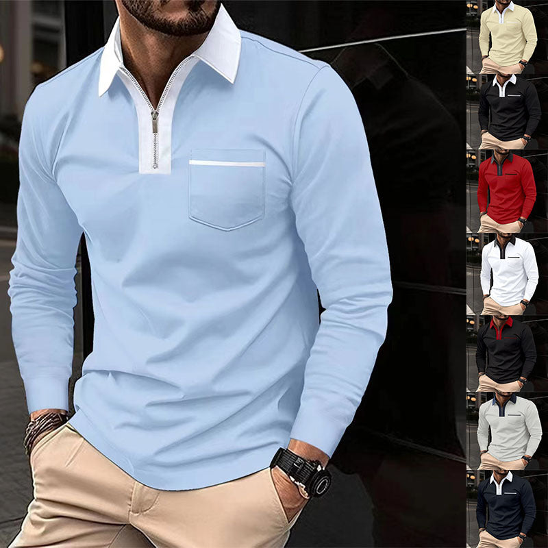 Mens Long Sleeve Zipper Polo Shirts Casual Lapel Collar Zip Up Henley Cotton Sports Golf