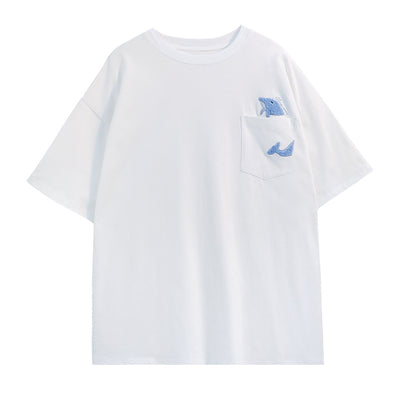 Mens Cartoon Whale Print White Short Sleeve