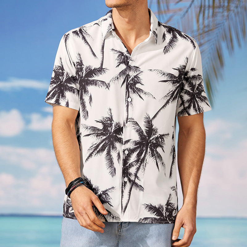 Mens Beach Print Casual White Short Sleeves