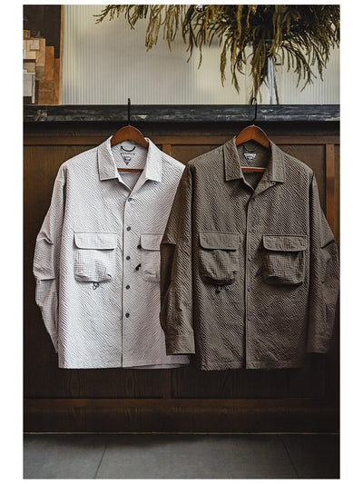 Workwear Outdoor Cuban Collar Seersucker Long Sleeve Shirt