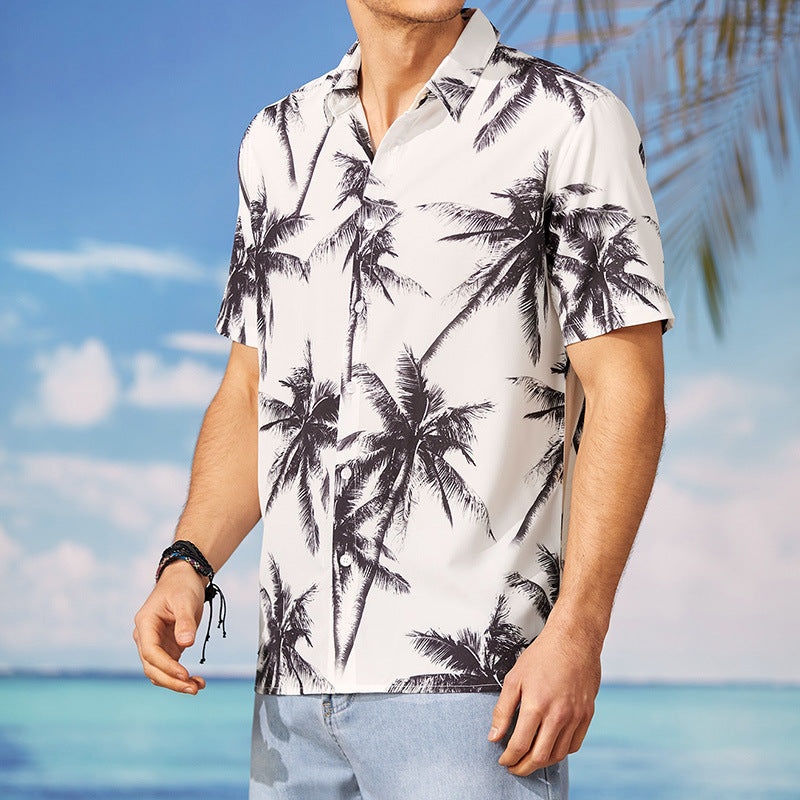 Mens Beach Print Casual White Short Sleeves